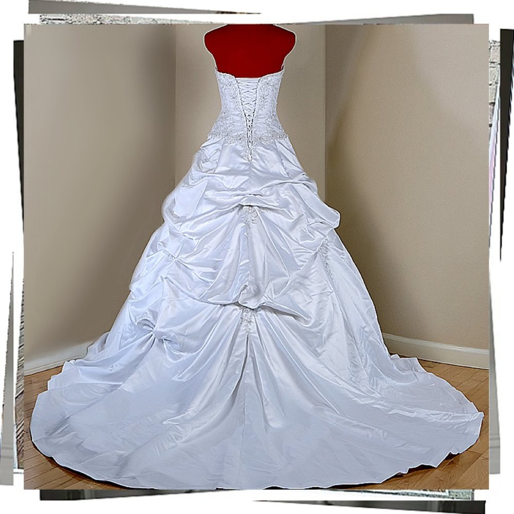 NWOT: Strapless White Satin Victorian Inspired Wedding Gown w/ Crystal & Beading - Picture 6 of 10